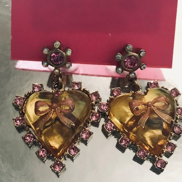 Pink tea party bow lucite heart earrings Betsey Johnson...
